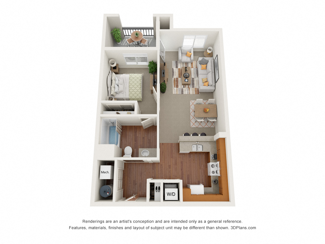 Floor plan for 1 bed, 1 bath, 664 sqft
